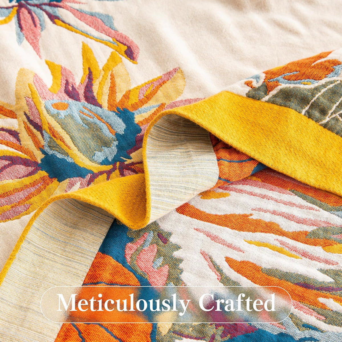 Boho Throw Blanket Twin Size, Soft Cozy Cotton Muslin Quilt Blanket for Bed Decor, Floral Patterned Couch Sofa Chair Cover, Vintage Farmhouse Cottage Tapestry Woven Blanket, Yellow&Blue