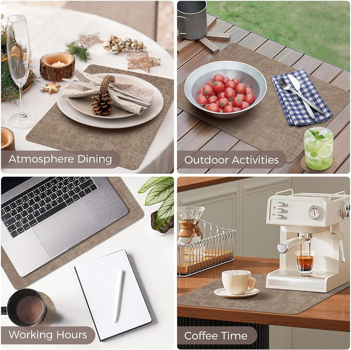 Vinyl Placemats Set of 4, Faux Leather Waterproof and Heat Resistant Place Mats, Washable Anti-Slip Table Mats with Coaster, Wipeable Placemats for Indoor & Outdoor 17" x 12" (Light Coffee, Set of 4)