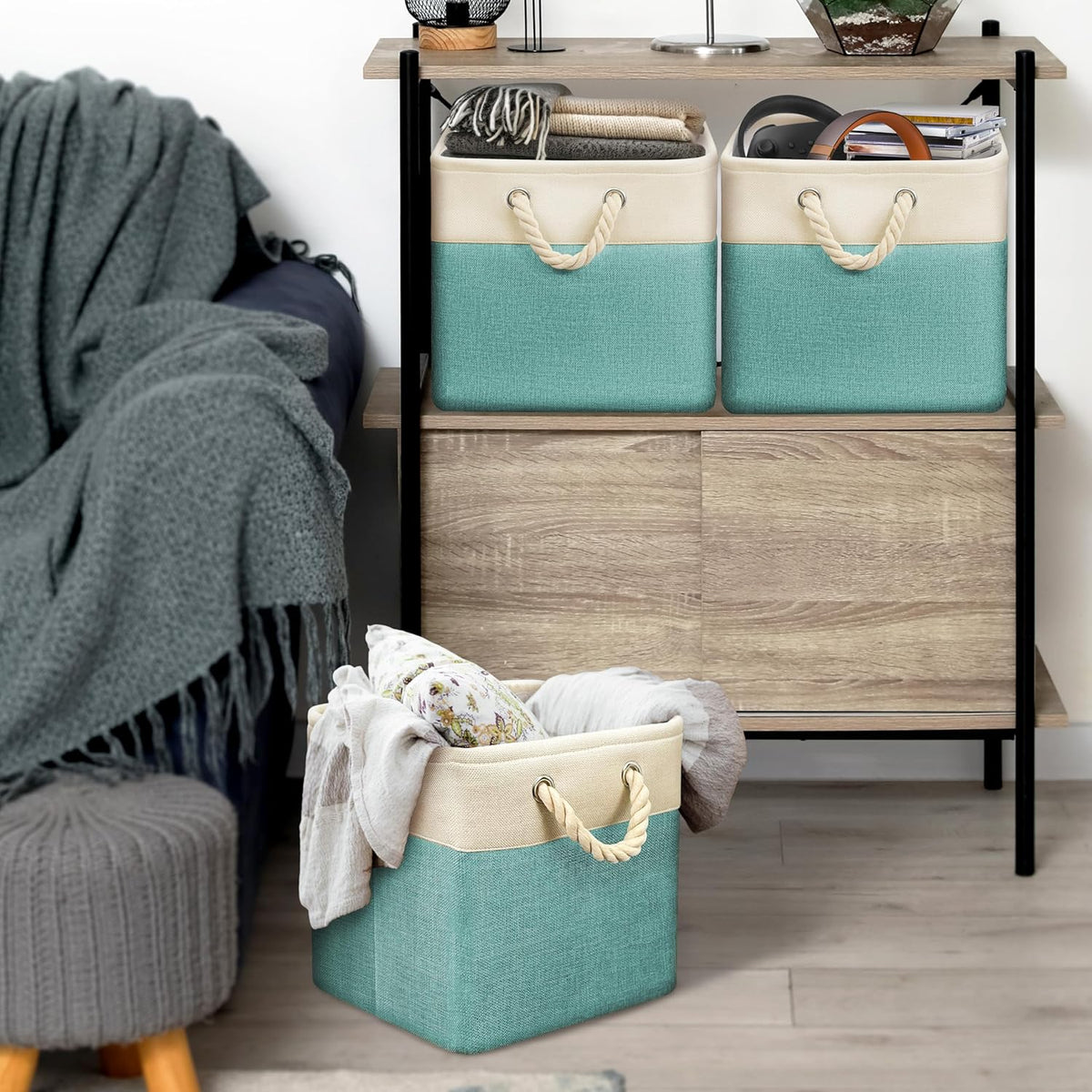 SIMPLE HOUSEWARE Fabric Storage Cubes, 13" x 13" Storage Bin, 3 Pack, Turquoise