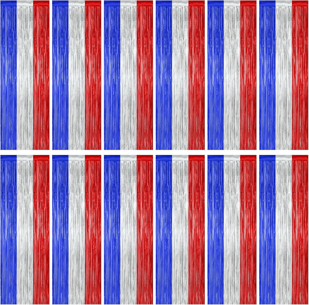 12 Pack 4th of July Decorations, 3.28 FT x 7.05 FT Patriotic Tinsel Backdrop, Metallic Blue Silver Red Fringe Curtains Party Streamer Foil Backdrop, Independence Day Party Supplies Patriotic Decor