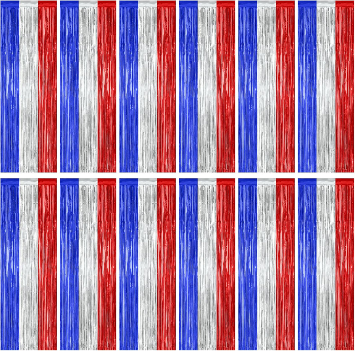 12 Pack 4th of July Decorations, 3.28 FT x 7.05 FT Patriotic Tinsel Backdrop, Metallic Blue Silver Red Fringe Curtains Party Streamer Foil Backdrop, Independence Day Party Supplies Patriotic Decor