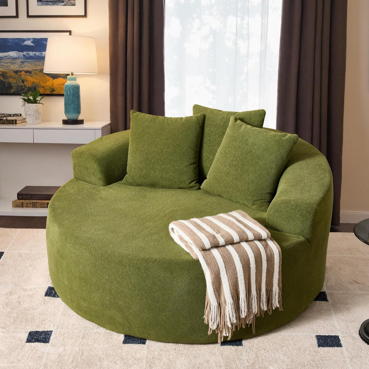ovios 58" Oversized Round Chair Lounge Chaise Indoor, No Assembly Required, Cloud Large Circle Chair with Plush Fuax Fur, Fluffy Modern Sleeper Sofa Bed for Reading Yoga, Green (Cloud Velvet)