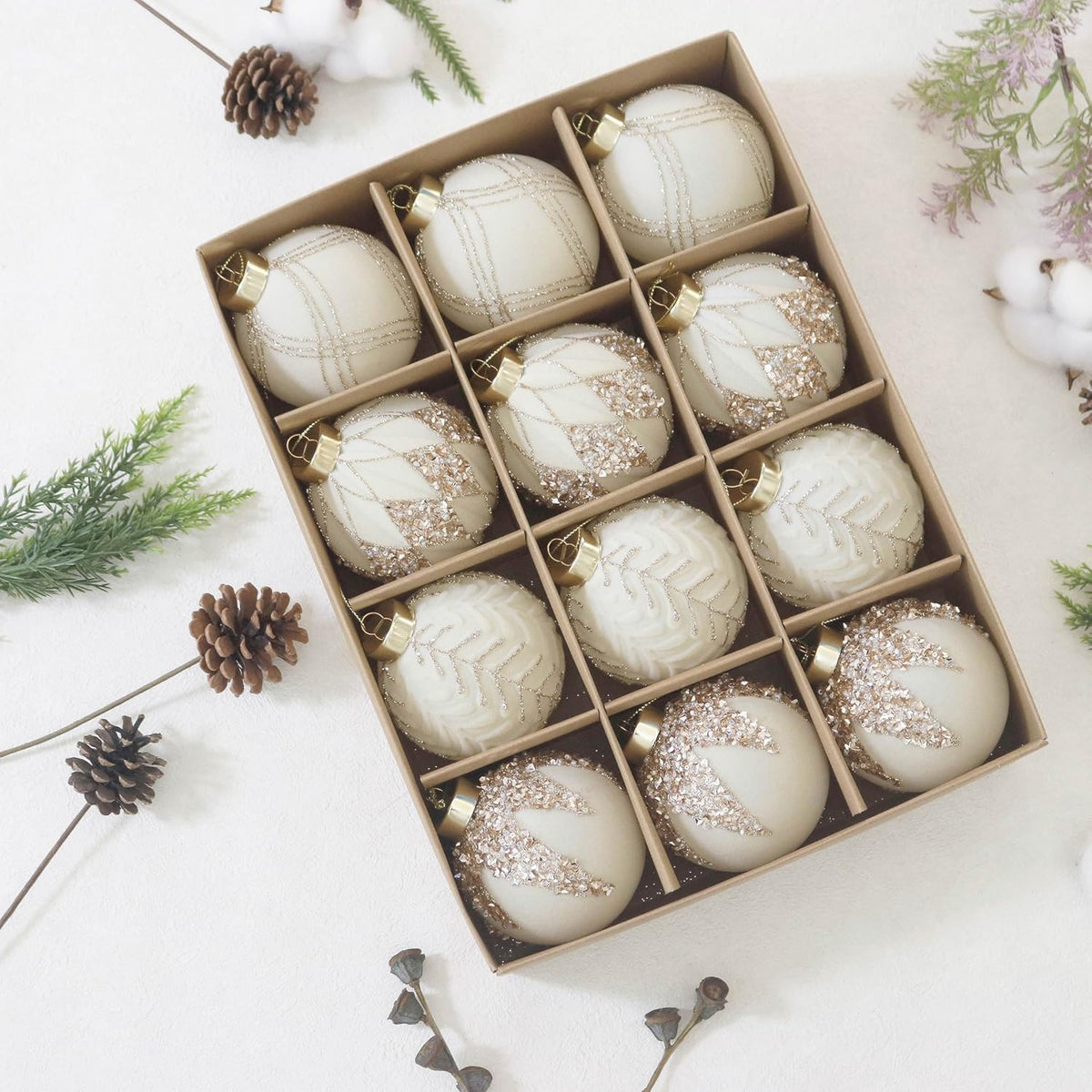 3.15INCH Beige Velvet Ornaments for Christmas Tree, 12PCS Glitter Flocked Christmas Ornaments Decorations Balls Set Decor