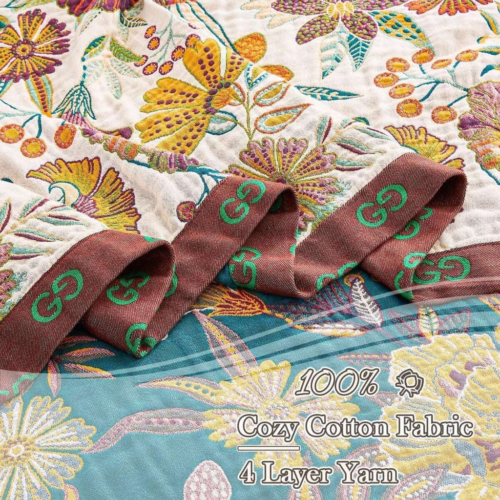 Boho Throw Blanket, 100% Cotton Ultra Soft Luxury Throw Rustic Quilt, 90"x98" Floral Printed Farmhouse Decor Bed Summer Blankets, All Season Rustic Reversible Bohemian Throw for Bed - White