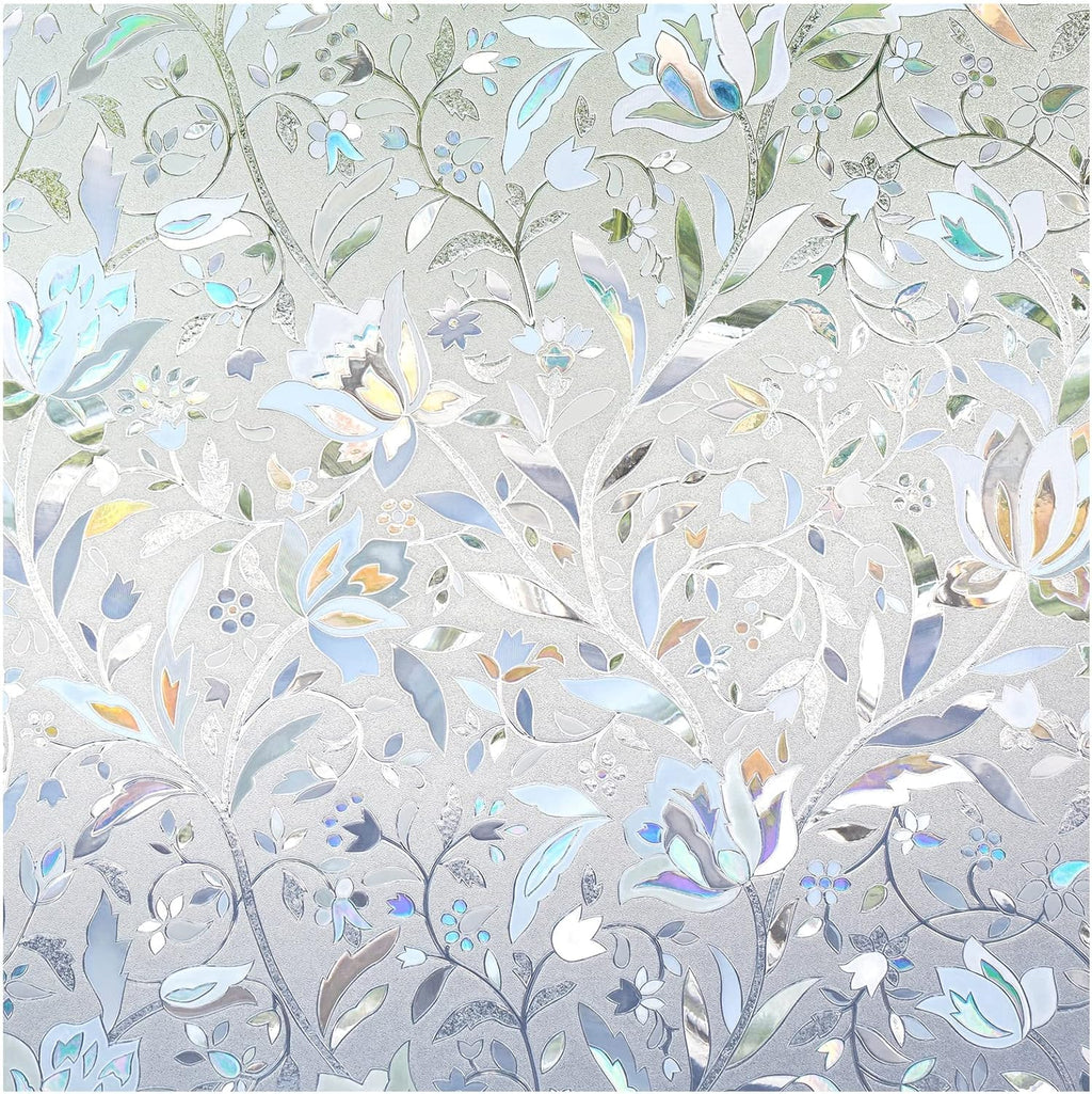 DOWELL Window Privacy Film, 3D Stained Glass Rainbow Films, Decorative Window Vinyl Sun Blocker Door Covering, Static Cling Non-Adhesive Glass Sticker for Home, Blooming Flowers, 35.4"x157.4"