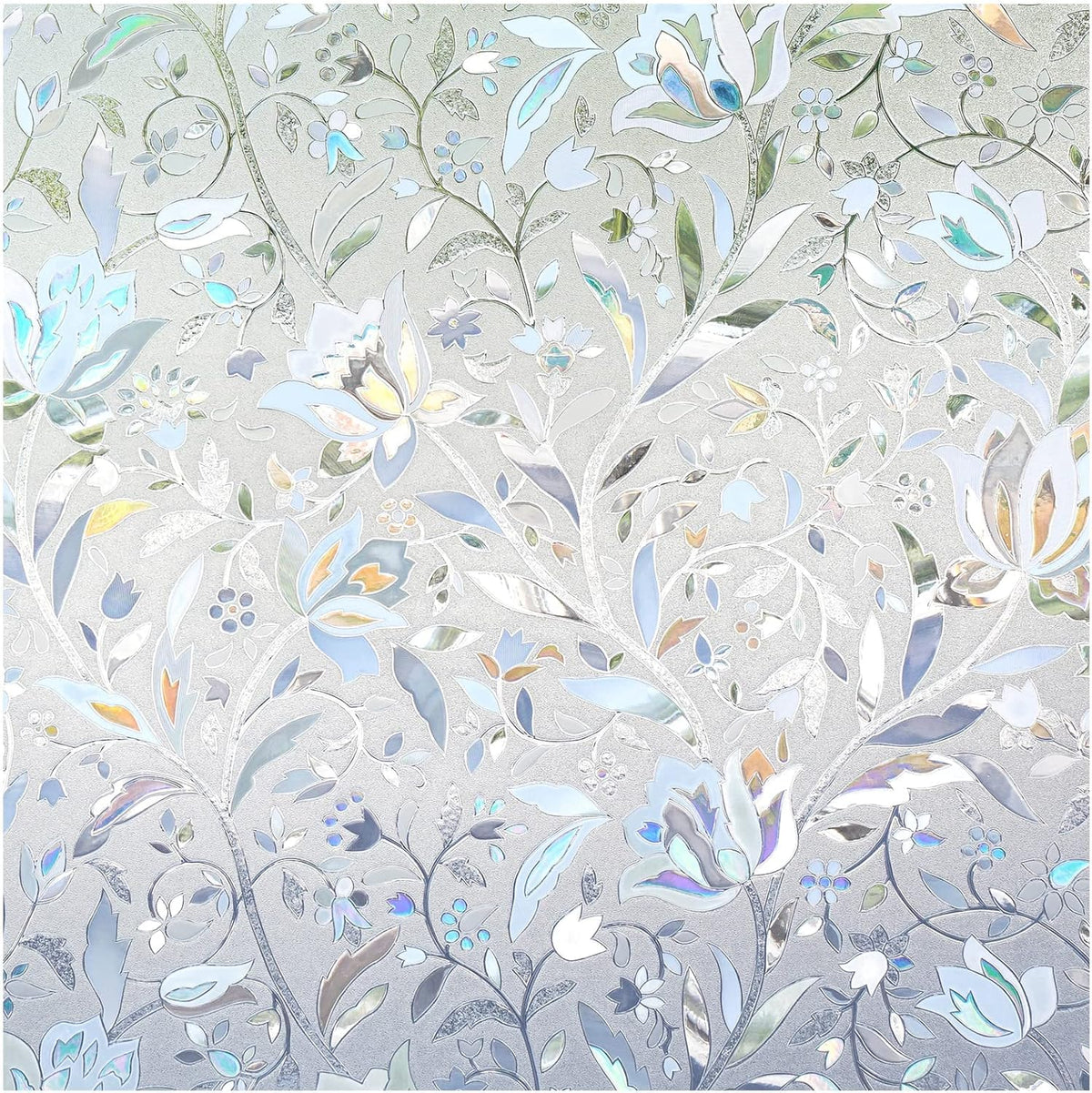 DOWELL Window Privacy Film, 3D Stained Glass Rainbow Films, Decorative Window Vinyl Sun Blocker Door Covering, Static Cling Non-Adhesive Glass Sticker for Home, Blooming Flowers, 35.4"x157.4"
