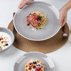 CQN&ZXD Ceramic Plates and Bowls Sets, 12 Pieces, Hand-Crafted Dishes set for 4 with Gradient Reactive-Glaze, Microwave & Dishwasher Safe Dinnerware Sets, Modern Style, Velvet Grey & Meteor Blue