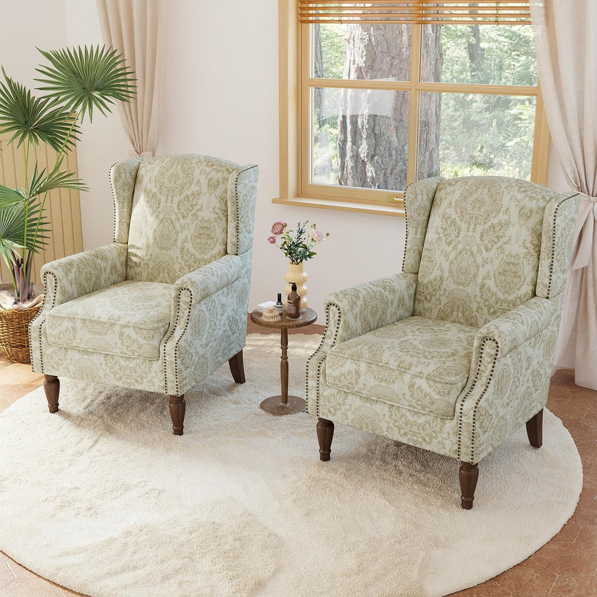 Lumibee Wingback Accent Chair, 2 Set High Back Floral Armchairs in Fabric,Comfy Upholstered Reading Single Sofa Chairs with Solid Wood Legs for Living Room,Bedroom,Office-White