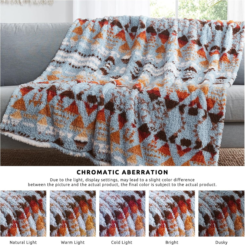 CASAAGUSTO Boho Sherpa Throw Blanket, Aztec Queen Blanket, Ultra Soft, Warm, Cozy, Plush, Thick Fleece Bohemian Throw Blanket for Couch, Bed, Sofa (Blue Grey 90 * 90 Inch)