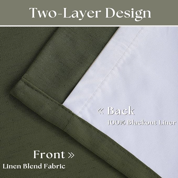 Olive Pinch Pleated 100% Blackout Linen 80 Inch Window Curtains | Room - Image 4