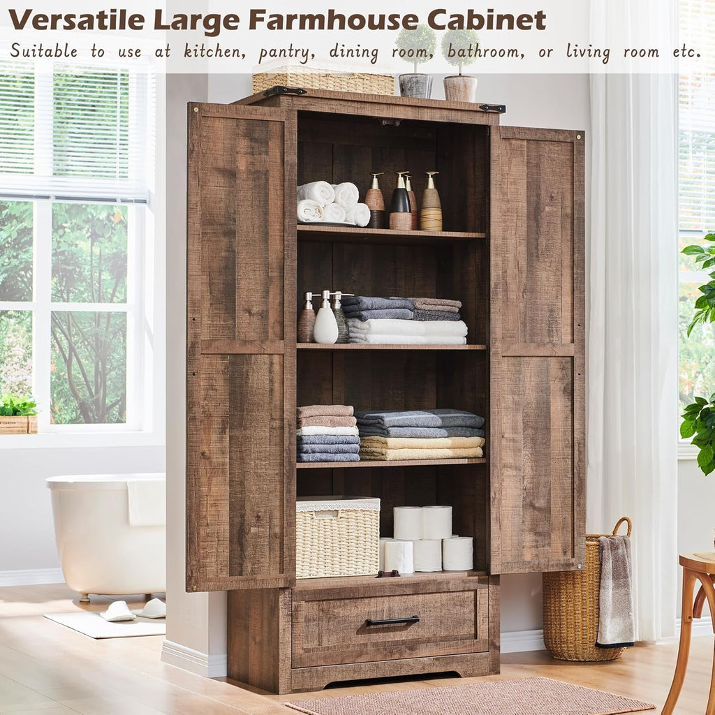 72" Tall Wood Storage Cabinet, Farmhouse Kitchen Pantry Cabinet with Adjustable Shelves & Drawer & Barn Doors, Versatile Storage for Kitchen, Dining Room, Bathroom, Light Brown