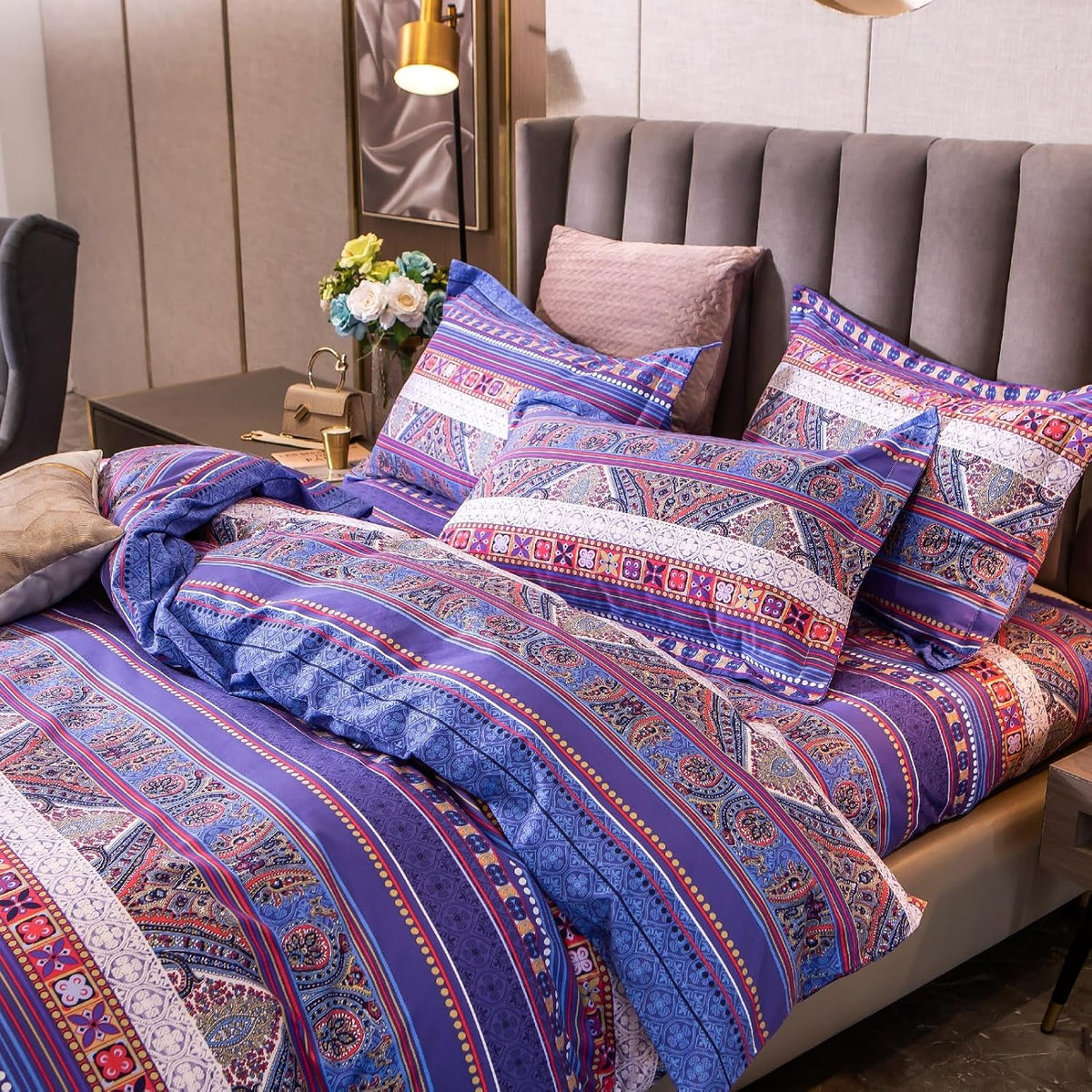 ABREEZE Bohemian Vintage King Size Floral Cotton Bedding Set 3Pcs Duvet Cover Set Boho Purple Paisley 100% Egyptian Brushed Cotton Reversible Home Bedding Collection
