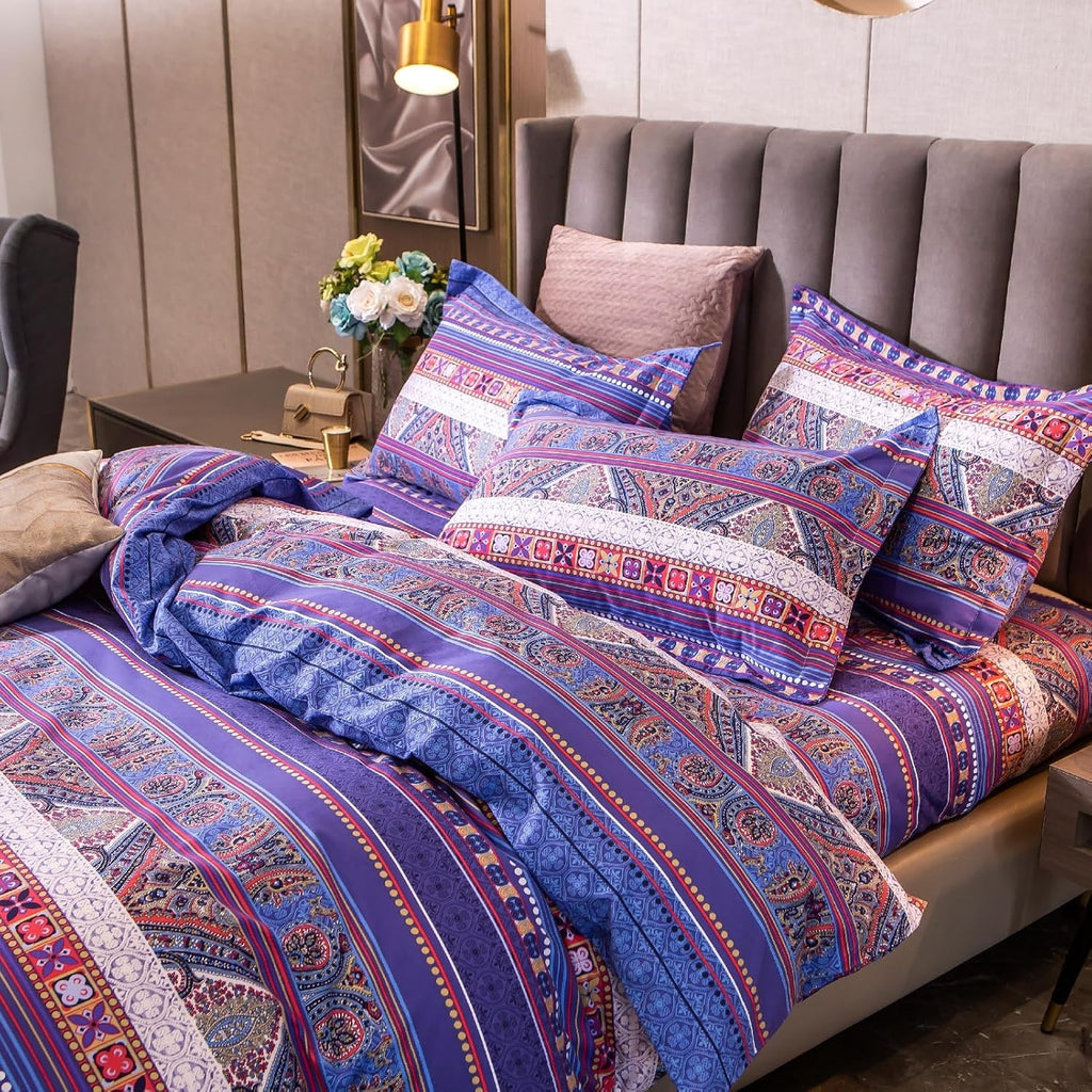 ABREEZE Bohemian Vintage Queen Size Floral Cotton Bedding Set 3Pcs Duvet Cover Set Boho Purple Paisley 100% Egyptian Brushed Cotton Reversible Home Bedding Collection