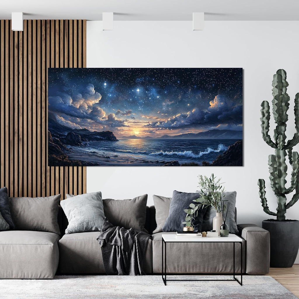 Canvas Wall Art Decor Large Wall Art Pictures for Living Room Landscape Coastal Wall Art Canvas Art Wall Decor Star Night Blue Artwork for Walls Prints Art Work for Room Office Home Wall Decor 29"x58"
