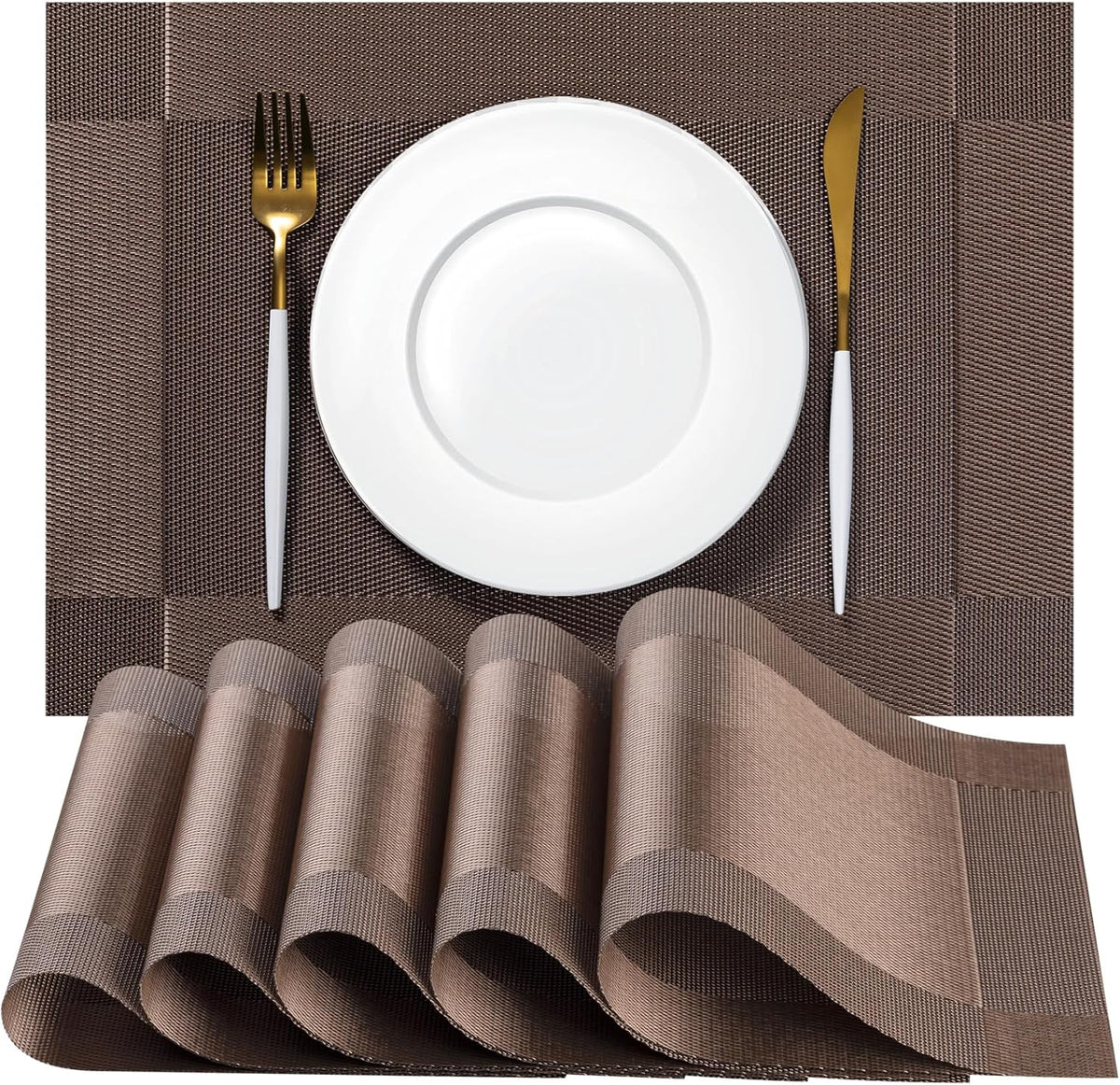 Placemats Set of 6 - Easy Clean Woven Vinyl Placemats for Dining Table, Indoor/Outdoor Place Mats, Washable PVC Table Mats（Brown Cube）