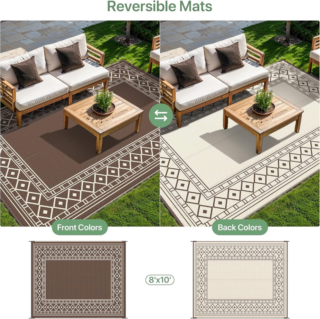 GENIMO Outdoor Rug Waterproof for Patio, 8'x10' Foldable Reversible Plastic Straw Carpet for Travel Trailers, Outside Area Mat for Rv, Deck, Picnic, Porch, Camper, Balcony, Beach, Coffee & Beige
