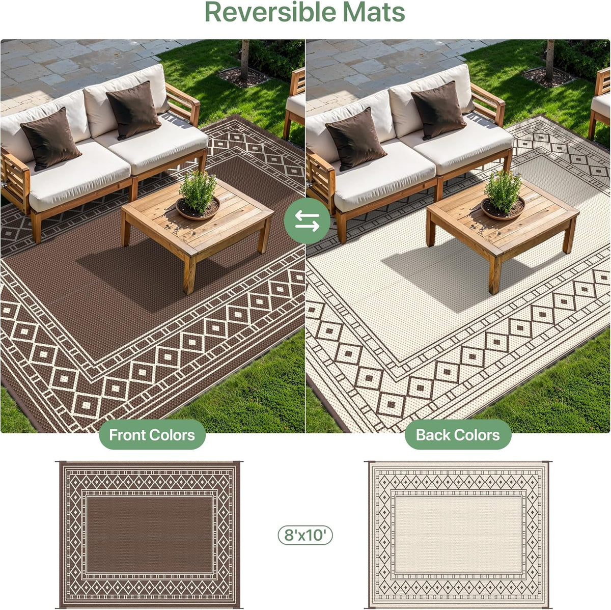 GENIMO Outdoor Rug Waterproof for Patio, 8'x10' Foldable Reversible Plastic Straw Carpet for Travel Trailers, Outside Area Mat for Rv, Deck, Picnic, Porch, Camper, Balcony, Beach, Coffee & Beige