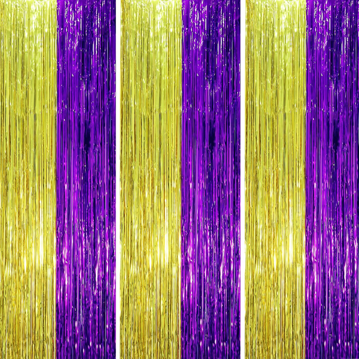 3 Pack 3.3 x 8.2 ft Purple and Gold Foil Fringe Backdrop Curtains, Tinsel Streamers Party Decorations, Fringe Backdrop, Door Shimmer for Graduation or Birthday Party