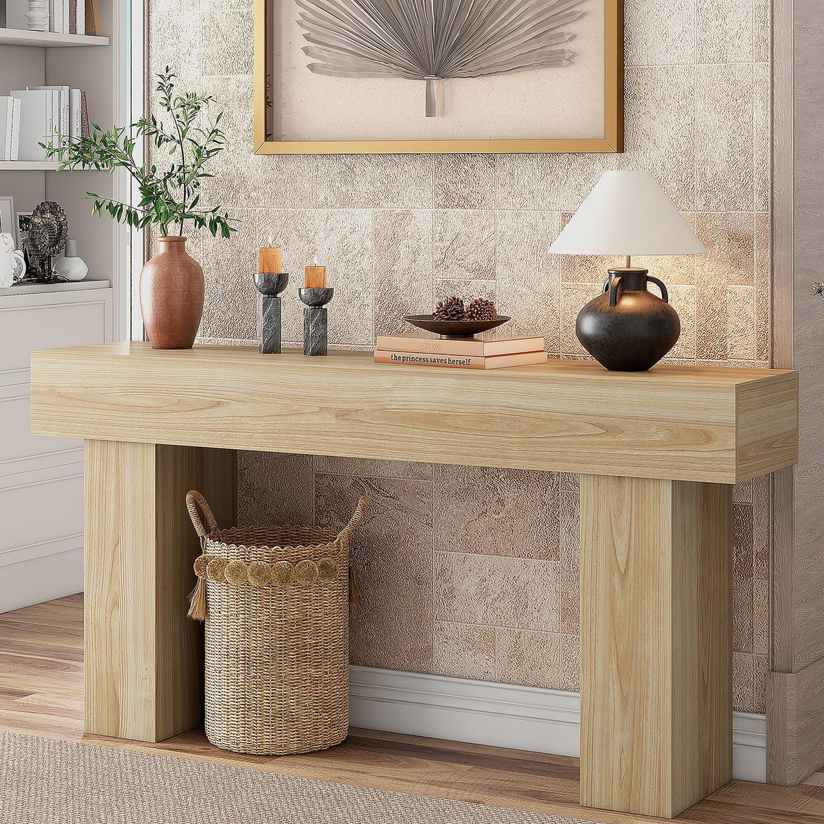 63 Inch Long Console Table for Entryway, Farmhouse Wood Rectangular Sofa Table Behind Couch Table, Narrow Entryway Table for Living Room, Entrance, Hallway, Foyer, Easy Assembly (Natural)