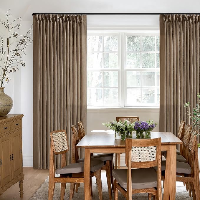 Brown 80 Inch Light Filtering Pinch Pleated Linen Curtains 2 Panels Set | Semi - Image 7