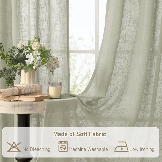 Sage Grey Linen Boho Semi Sheer Curtains 80 inch Length 2 Panels | Light - Image 8