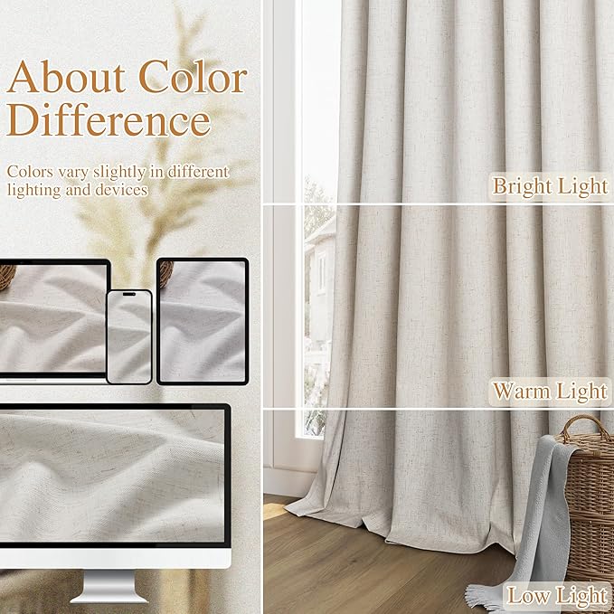 100% Black Out Light Beige Linen Curtains 90 Inch Long - Image 7
