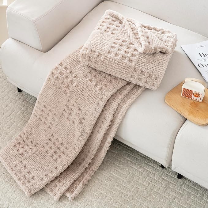 Waffle Brown Throw Blanket -Fluffy Fleece, Neutral Tan Color, Cute & Aesthetic - Image 3