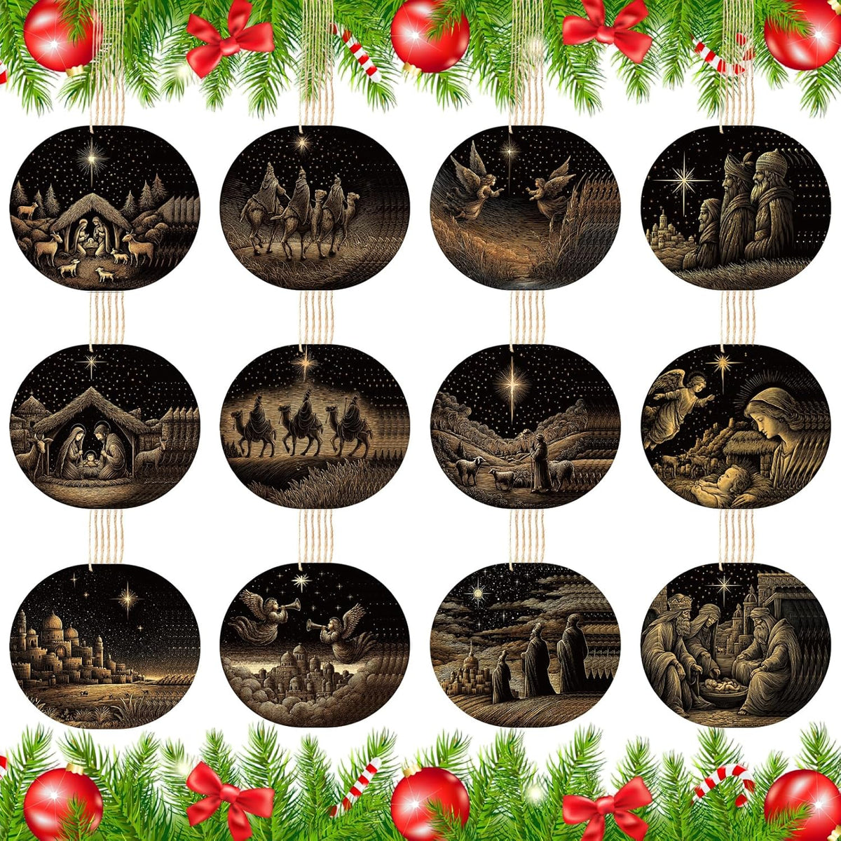 Soaoo 60 Pcs Nativity Scene Christmas Tree Ornament Christian Religious Ornaments Bulk Round Nativity Xmas Tree Hanging Wooden Decorations for Garden Yard Outdoor Home (Regular Style)