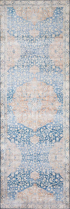 Loloi Layla Collection LAY-07 Blue/Tangerine 2'-6" x 9'-6" .13" Thick Runner Rug, Soft, Durable, Vintage Inspired, Distressed, Low Pile, Non-Shedding, Easy Clean, Printed, Living Room Rug