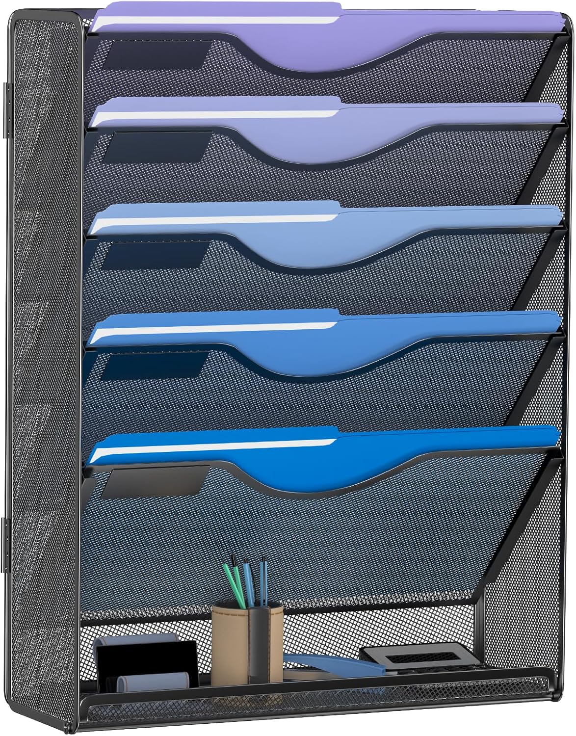6 Tier Hanging File Organizer, Mesh Wall File Holder Paper Folder Rack with Bottom Flat Tray for Office Home, Black