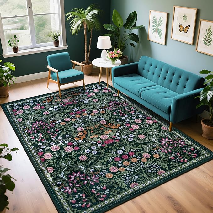 PLHXFR Area Rug Living Room: 5x7 Floral Washable Boho Carpet Dark Green | by PLHXFRSoftAreaRugs