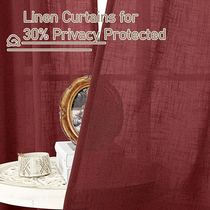 Burgundy Red Semi Sheer Window Linen Curtains 63 Inch Length | Light Filtering - Image 5