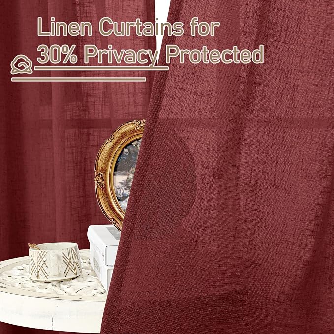 Burgundy Red Semi Sheer Linen Curtains 84 inch Light Filtering Panels | Light - Image 5