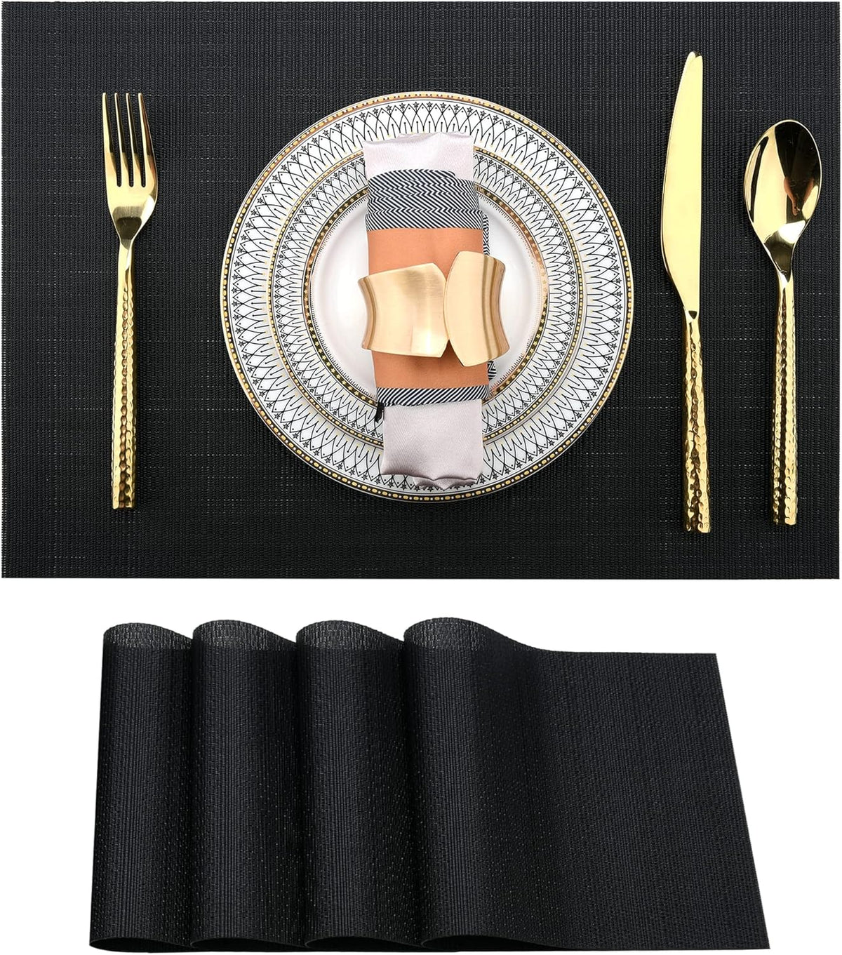 Black Placemats Set of 4 - Easy Clean Washable Vinyl Placemats - Wipeable Heat Proof Table Mats for Dining Table - 17x12 Inch (Pure Black, 4)