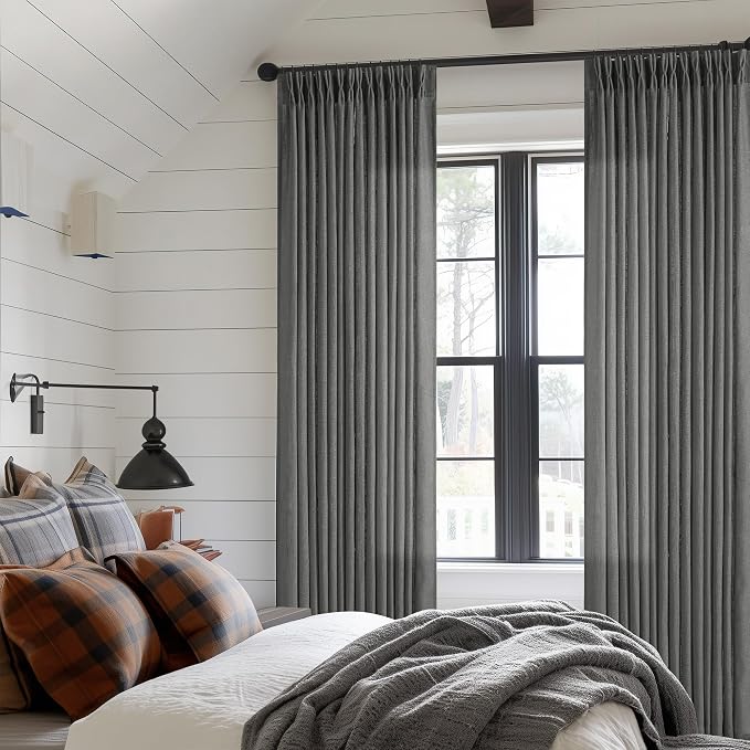 Charcoal Gray Linen Pinch Pleat Semi Sheer 120 Inch Curtains 2 Panels Set | - Image 6