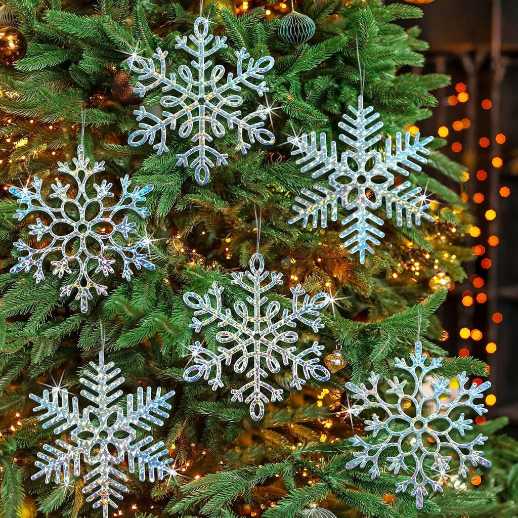 12pcs Large Iridescent Snowflakes Christmas Ornaments-12 Big Plastic Glitter Hanging Snow Flakes for Christmas Tree Decorations Winter Indoor Outdoor Window Home Decor Giant Craft Snowflakes