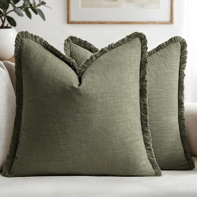MIULEE Boho Linen Fringe Decorative Throw Pillow Covers Olive Green 20x20 | Set by MIULEE