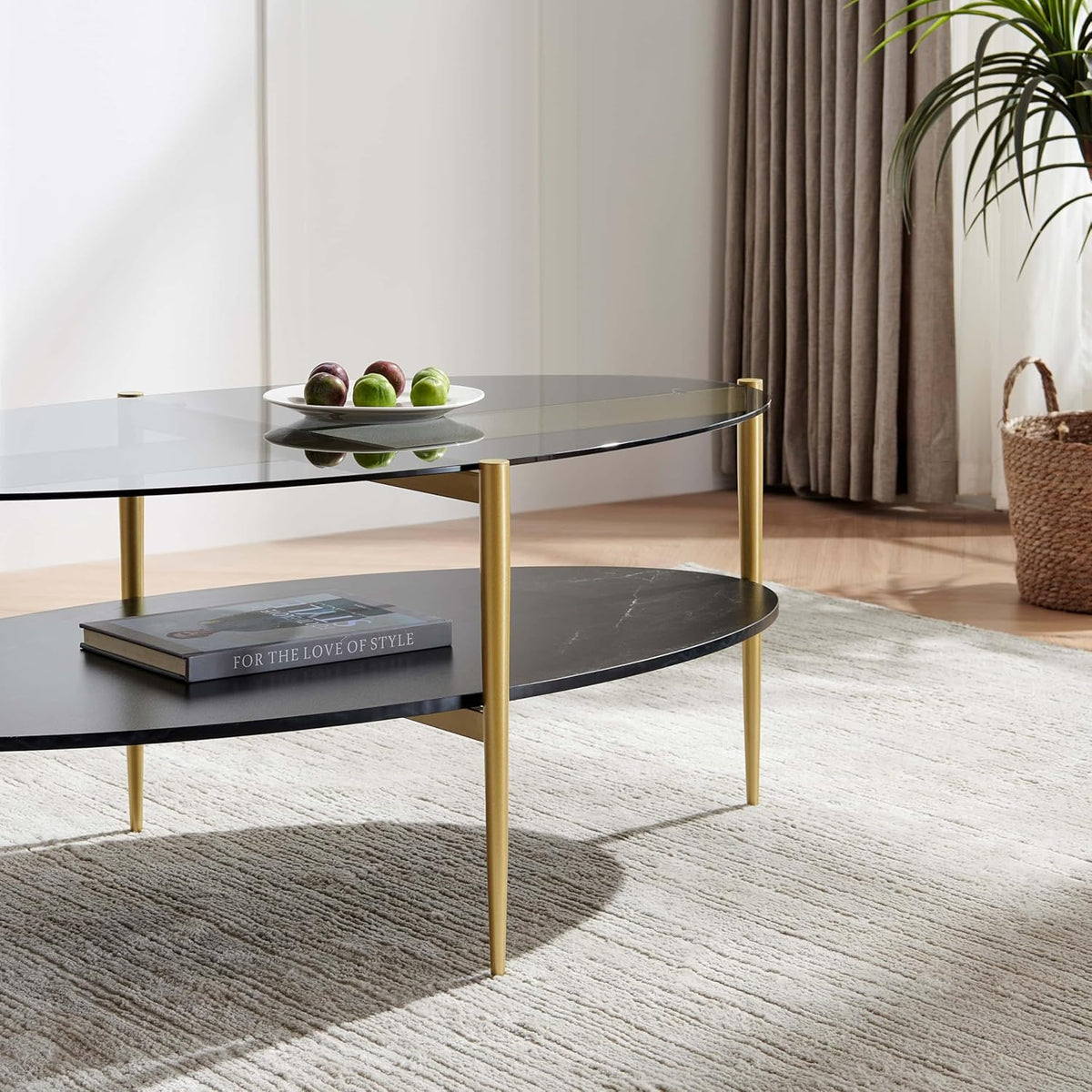 Oval Glass Coffee Table, Mid-Century Modern Design, L43 x W22 x H17 inch, Surfboard Shaped Grey Glass Top and Black Marble Finish Wood Shelf, Tapered Legs with Gold Finish Frame