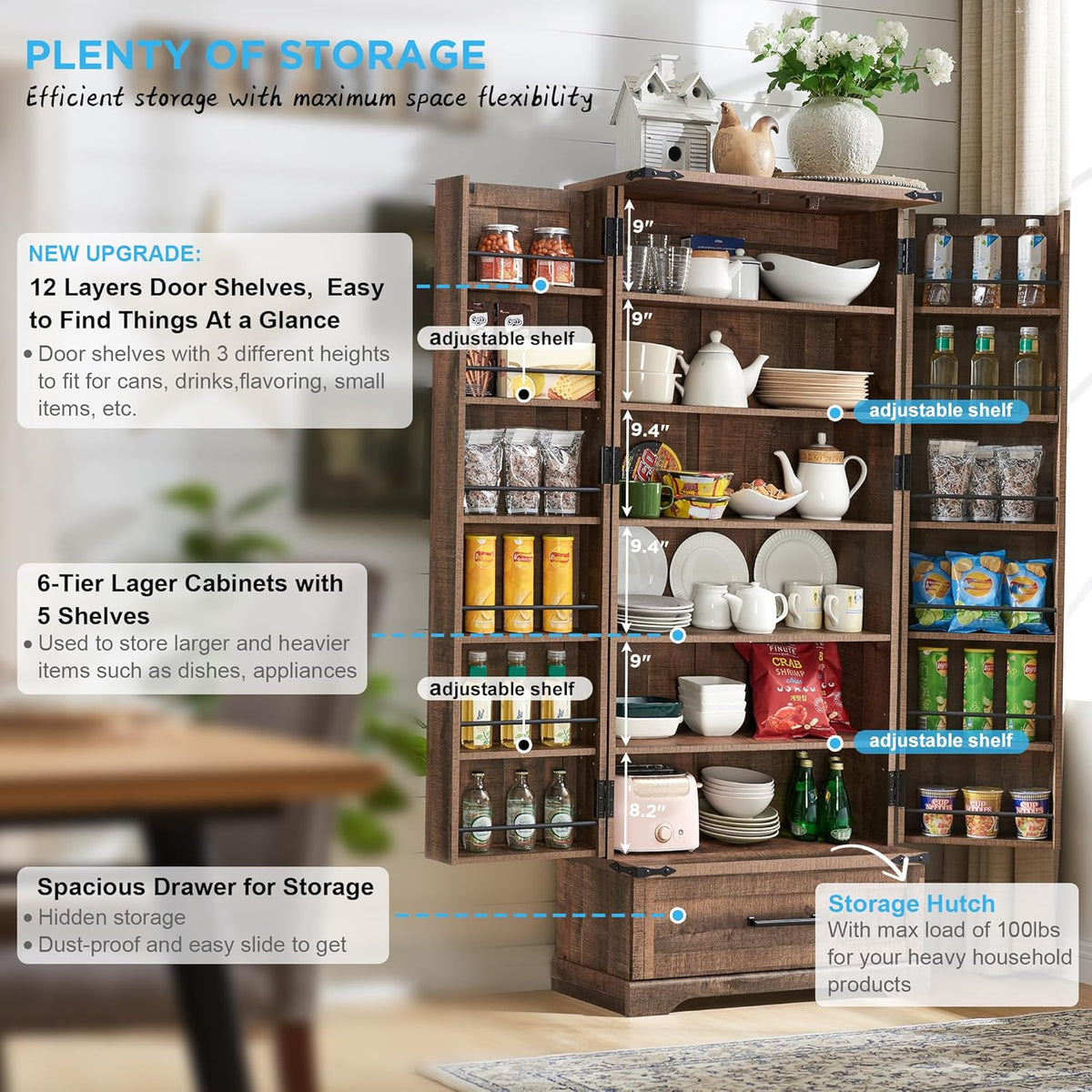 72" Farmhouse Kitchen Pantry Cabinet With Drawer, Tall Storage With 2 Barn Doors and Shelves, Versatile Large Rustic for Dining Room, Bathroom, Living Room, Rustic Brown