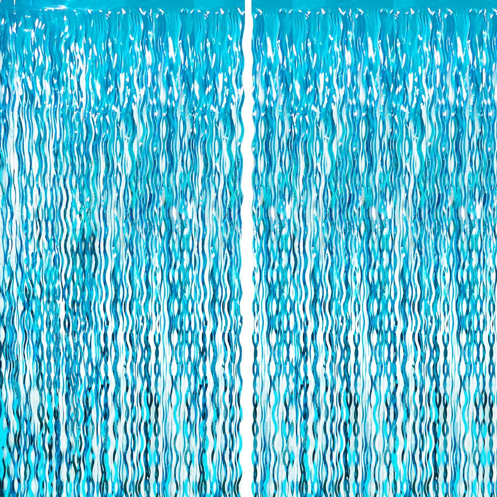 GOER 6.4 ft x 6.5 ft Metallic Tinsel Foil Fringe Curtains,Pack of 2 Party Streamer Backdrop for Birthday,Graduation Decorations and New Year Eve (Wavy Light Blue)