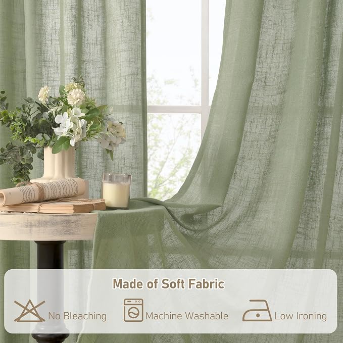 Kitchen Window Linen Curtains 40 Inch Length 2 Panels, Sage Green | Semi Sheer - Image 8
