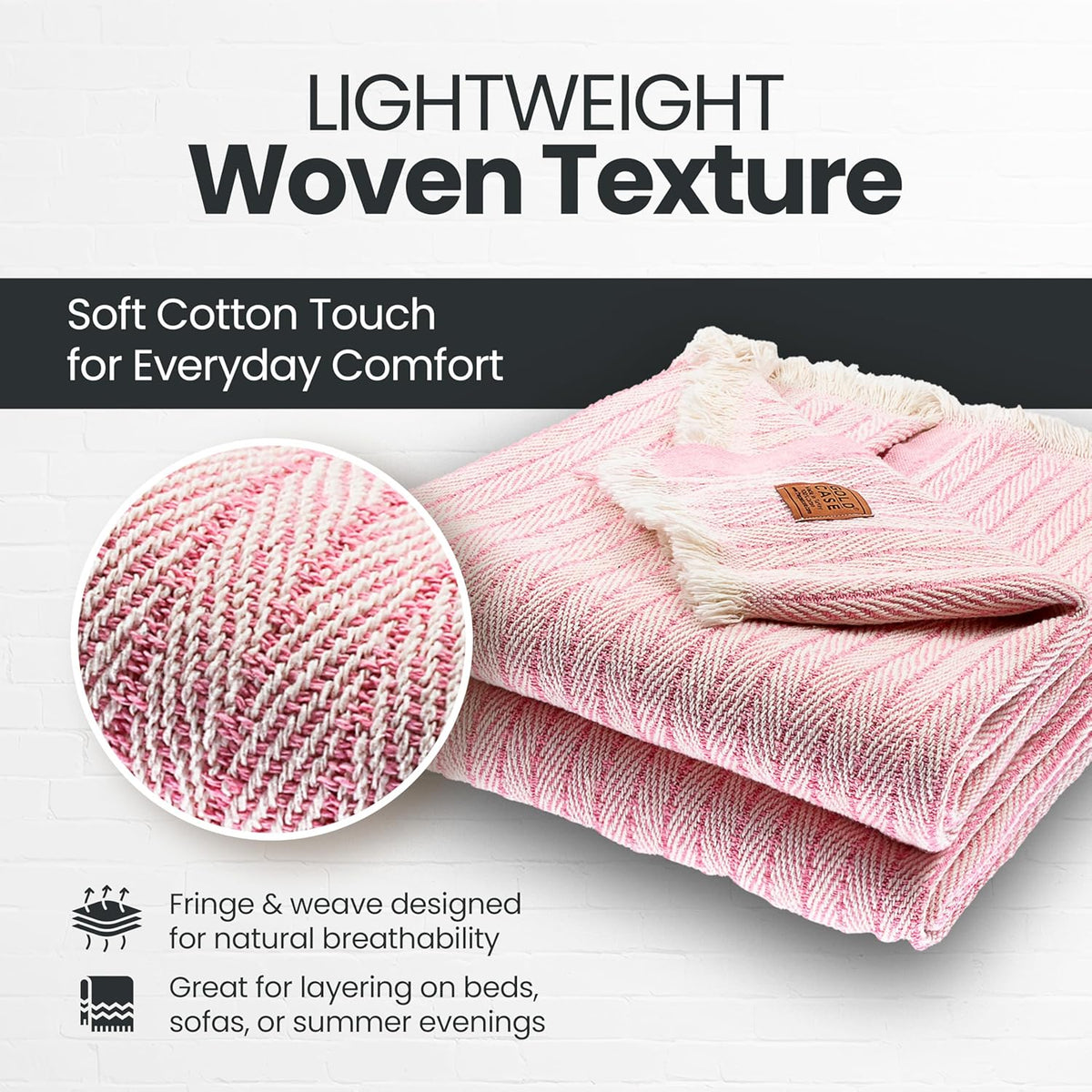 Gold Case Throw Blanket for Couch – 100% Recycled Turkish Cotton Blankets & Throws – Elegant Decorative Throw Blankets for Living Room Sofa – Woven Throws for Couch – Vintage Pink – 50x60 (Set of 2)