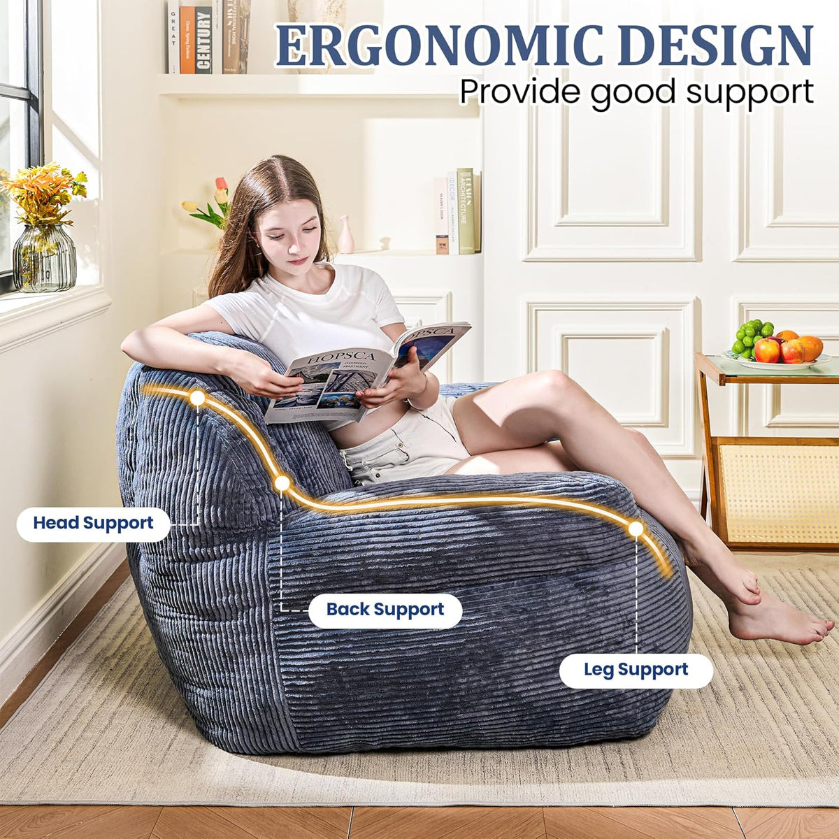 Giant Bean Bag Chair, Faux Fur Bean Bag Chair for Adults, Fluffy and Comfy Bean Bags with Filler, Big Bean Bag Sofa Chair for Reading, Gaming, Stuffed High-Density Foam, Grey