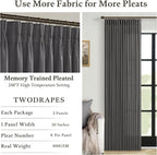 Dark Grey Light Filtering Pleated Linen Curtains 120 Inches Long 2 Panels | - Image 5