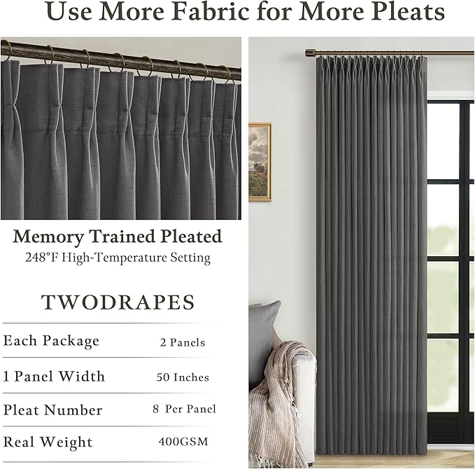 Dark Grey Pinch Pleated Linen Semi Sheer Curtains - Image 4