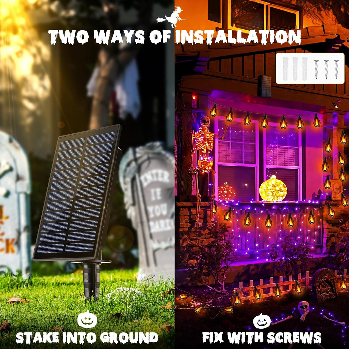 iBaycon Solar Halloween Lights, 42Ft 15 LED Bulbs Flickering Flame String Light, Outdoor Waterproof Solar Flame Lights for Garden Yard Patio Halloween Decorations (Warm White)