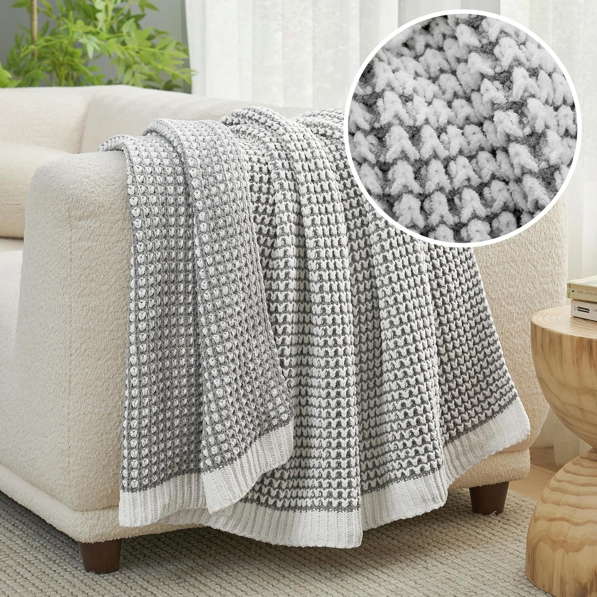 Amélie Home Chenille Waffle Throw Blanket for Couch, Reversible Pineapple Stitch Knit Soft Cozy Knit Blanket Lightweight Warm Decorative Throw for Sofa, Bed, Living Room, 50"x60", Grey&Ivory