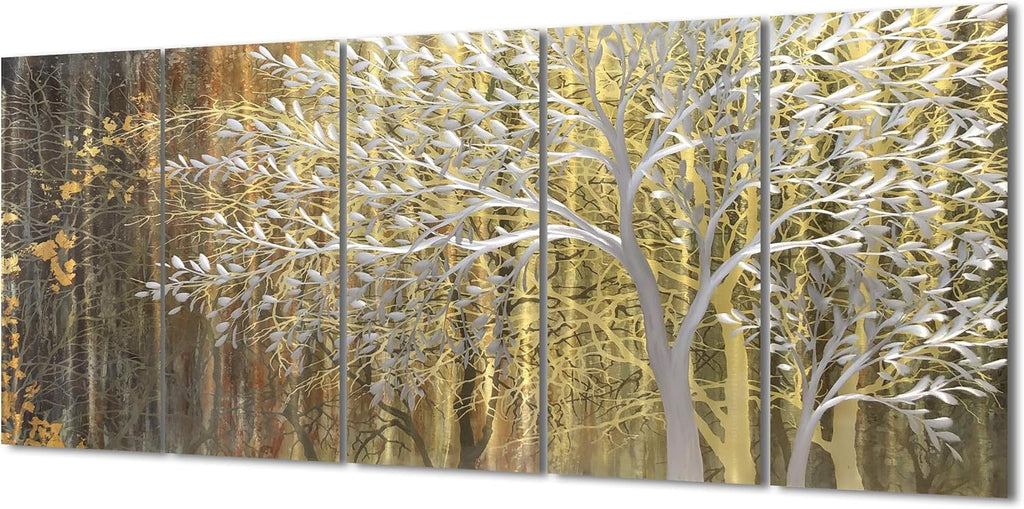 Yihui Arts Gold Metal Wall Art Handcrafted Tree on Aluminum Artwork Modern Forest Pictures with 3D for Living Room Bedroom Kitchen Decor