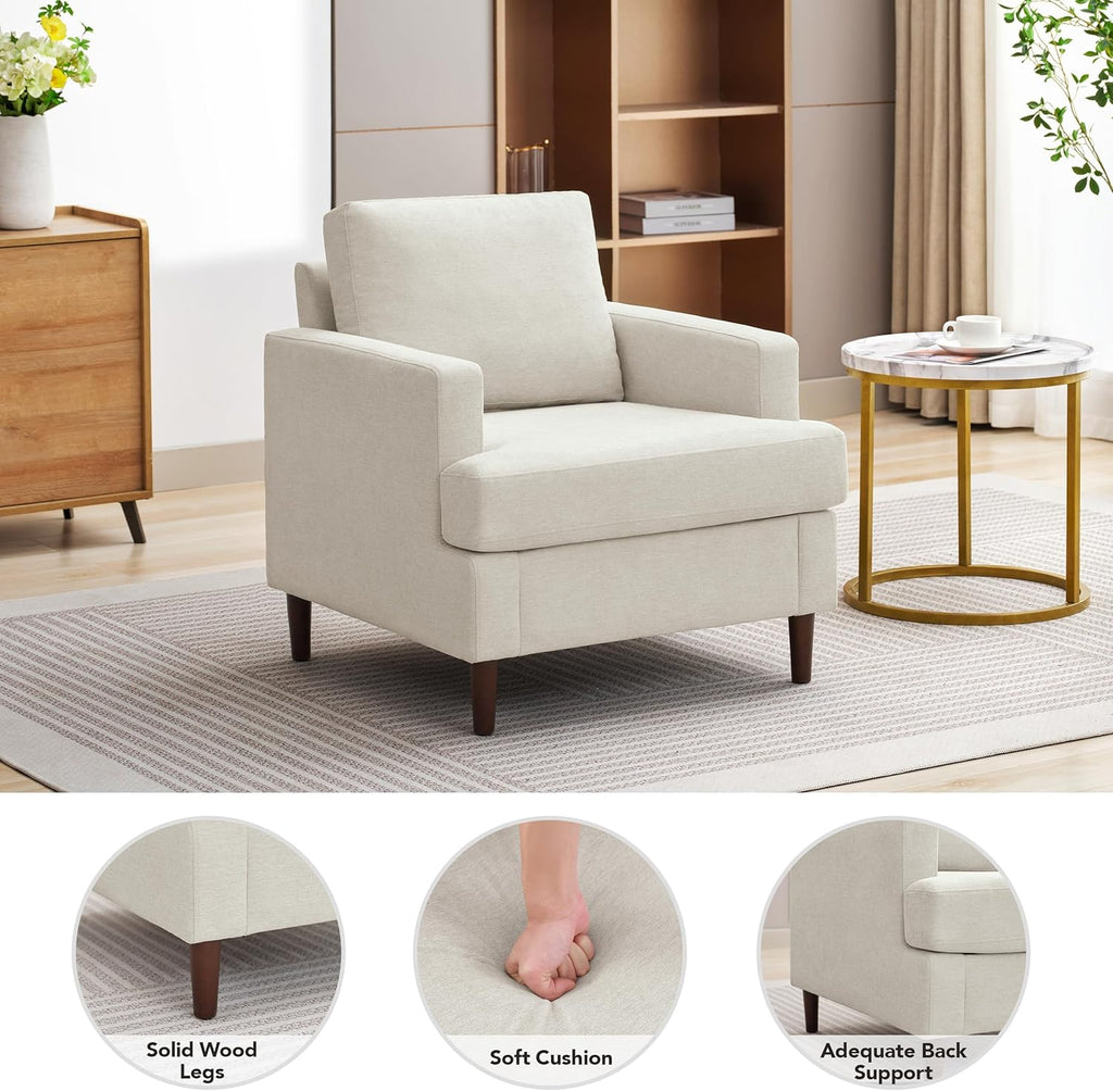 Mid-Century Accent Chair,Modern Linen Fabric Armchair for Living Room,Comfy Upholstered Reading Accent Chairs for Bedroom,Single Sofa Chair with Wood Legs (Beige, 1 Pack)
