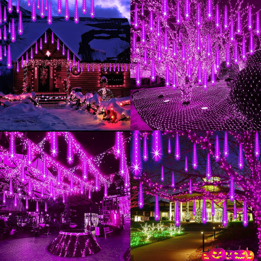 Purple Christmas Lights Outdoor Meteor Shower Lights 8 Tubes 192 LED Falling Rain Dripping Icicle Light for Xmas Christmas Decor Halloween Decorations, Halloween Light Outdoor, UL Plug